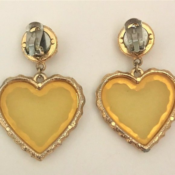 Vintage Yellow Clear Acrylic & Gold Plated Heart Dangling Clip On Earrings - Picture 4 of 5